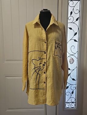 Emery Rose Yellow Basketweave Embroidered Cats Tunic Blouse XL